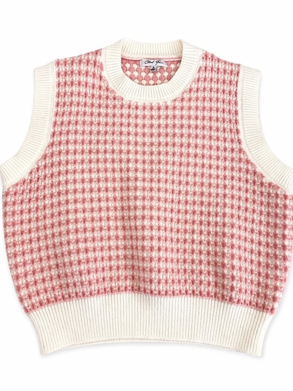 Cloud Ten Medium Houndstooth Knit Sweater Vest pink & cream